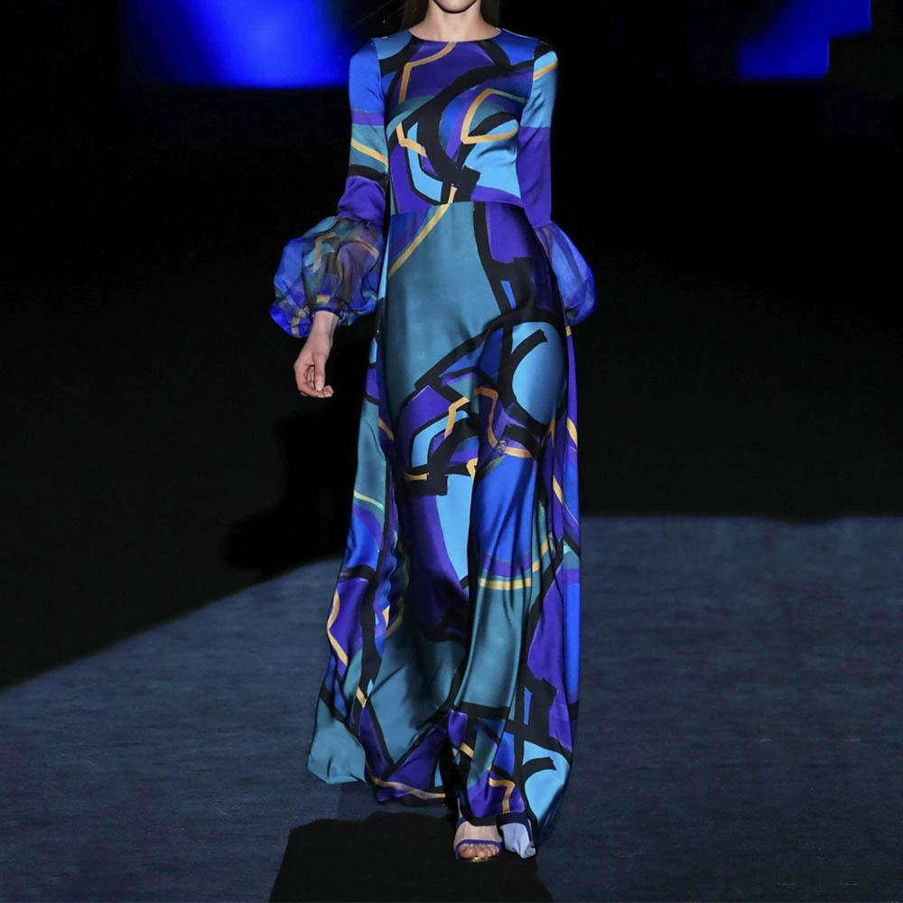 ZARA Blue Mid Waist Print Audrey Hepburn Style Maxi Dress
